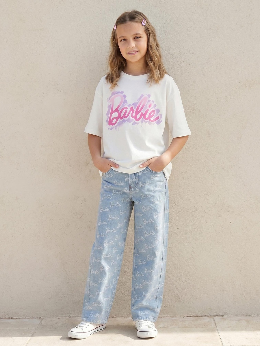 Crew Neck Short Sleeves T-Shirt with Barbie Print