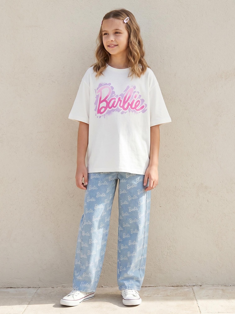 Crew Neck Short Sleeves T-Shirt with Barbie Print
