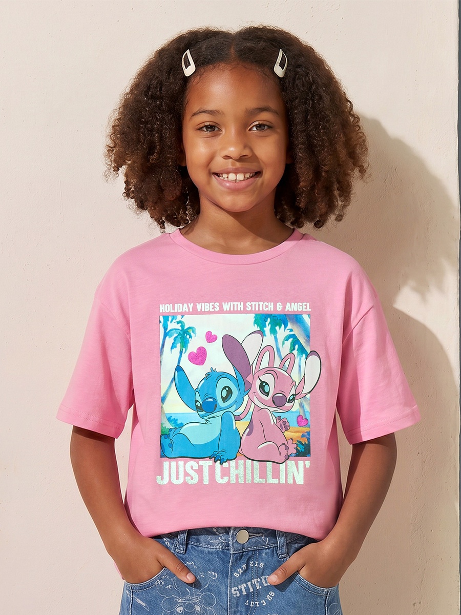 Crew Neck Short Sleeves T-Shirt with Stitch and Angel Print
