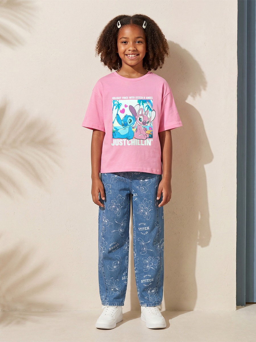 Crew Neck Short Sleeves T-Shirt with Stitch and Angel Print