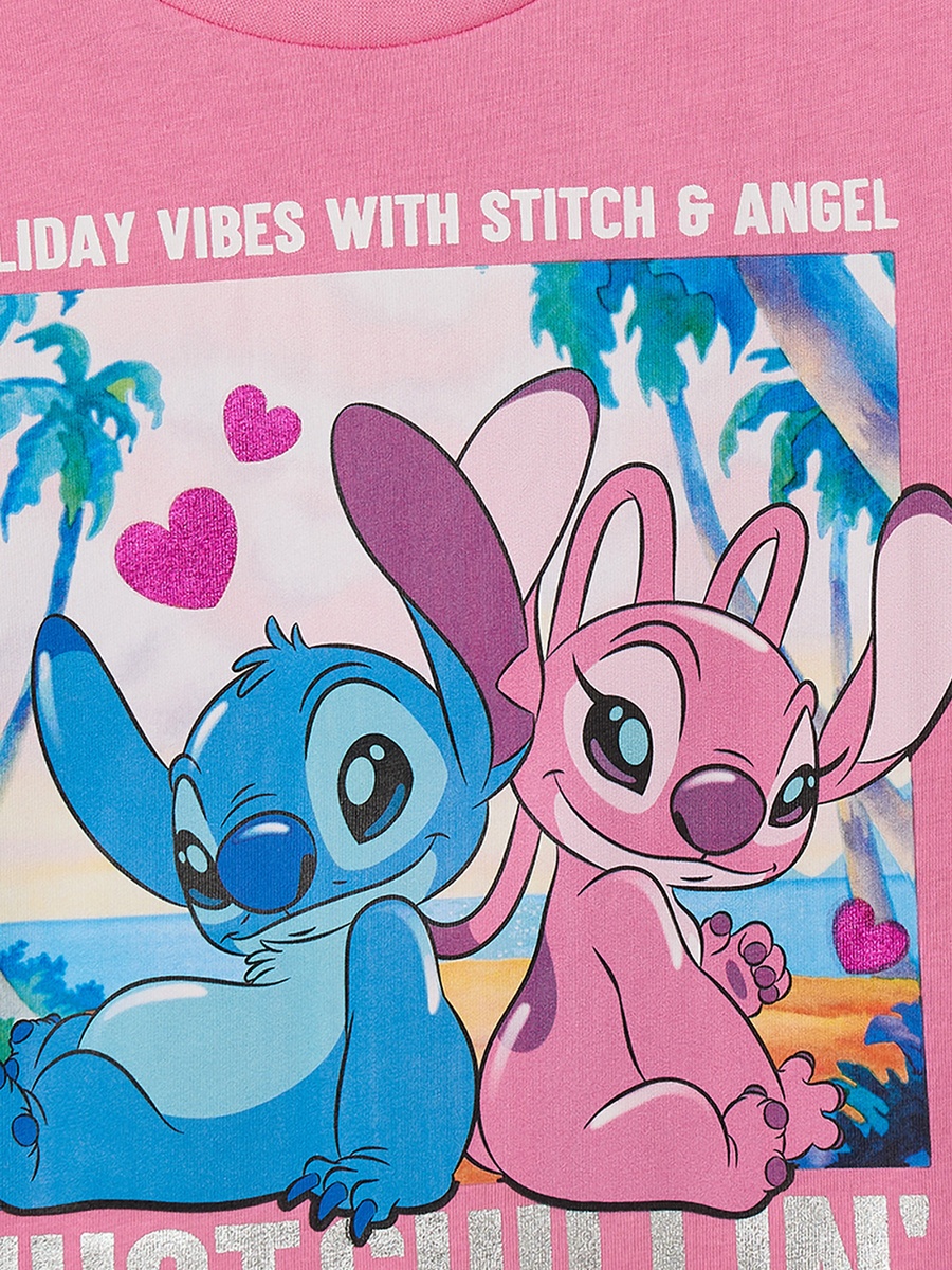 Crew Neck Short Sleeves T-Shirt with Stitch and Angel Print