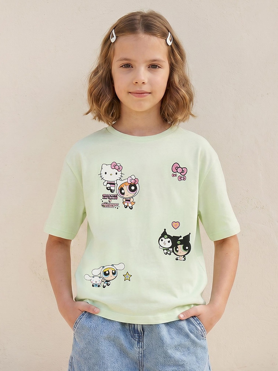 Crew Neck Short Sleeves T-Shirt with Powerpuff Girls and Hello Kitty Print