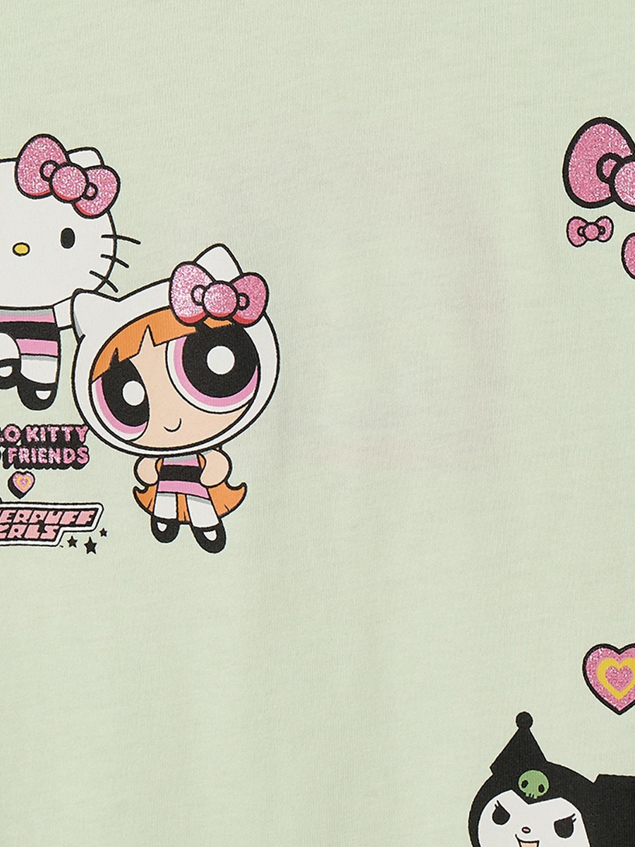 Crew Neck Short Sleeves T-Shirt with Powerpuff Girls and Hello Kitty Print