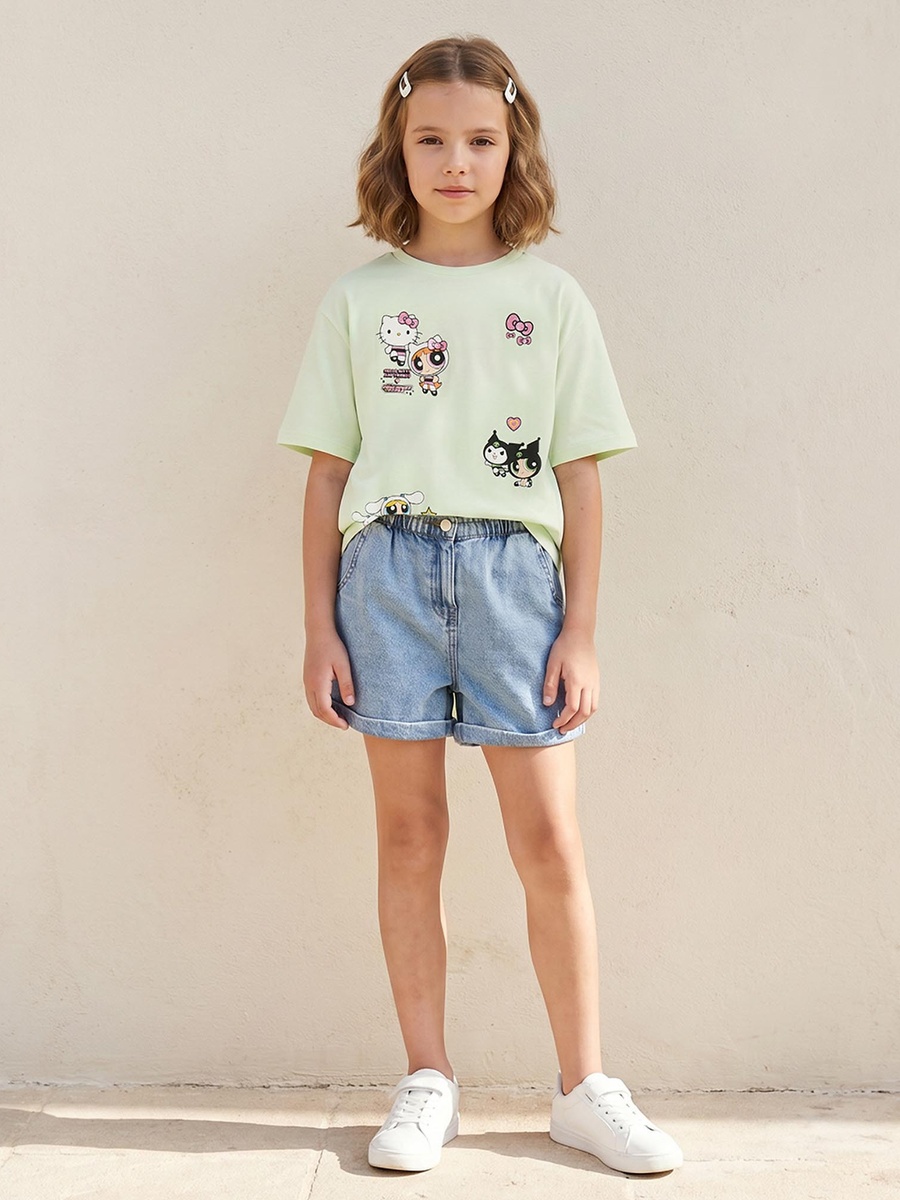 Crew Neck Short Sleeves T-Shirt with Powerpuff Girls and Hello Kitty Print