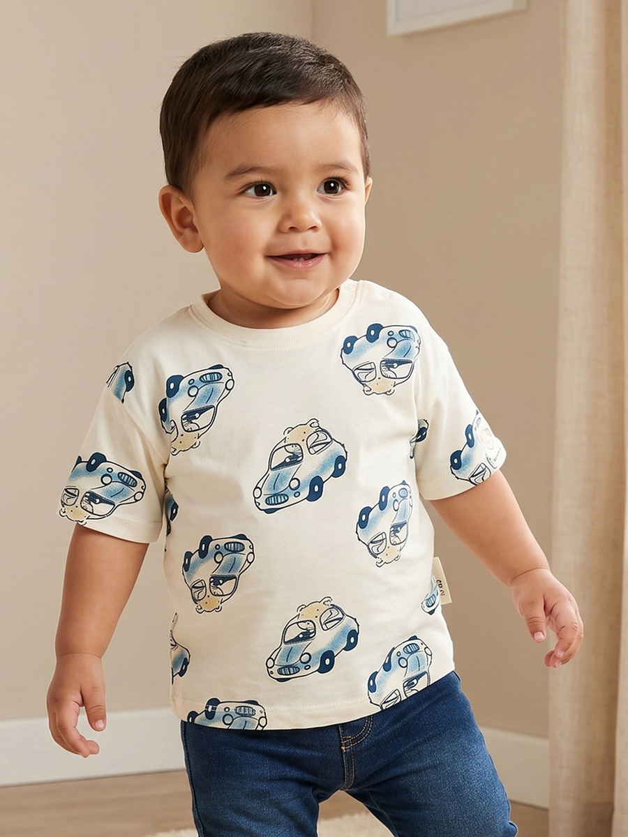 Crew Neck Short Sleeves T-Shirt with Car Print