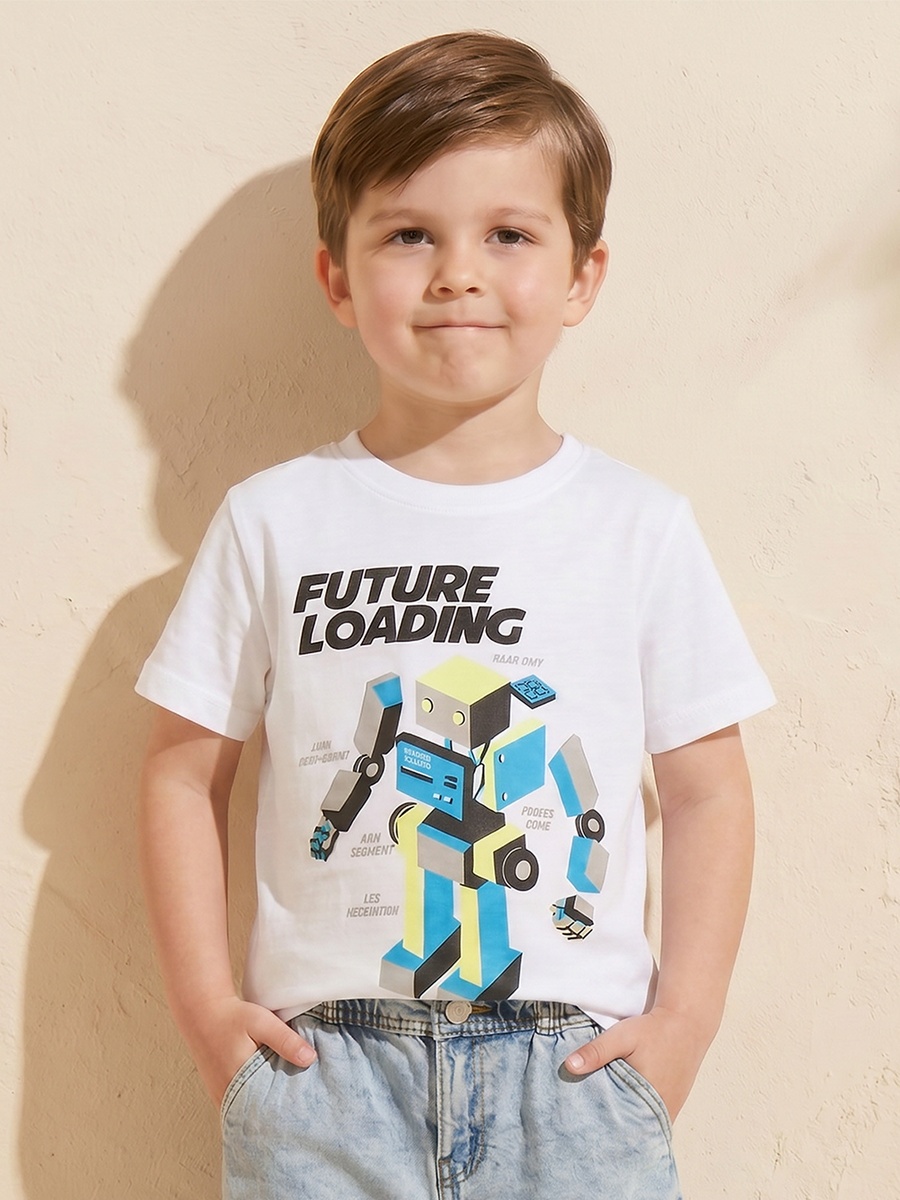 Crew Neck Short Sleeves T-Shirt with Robot Print