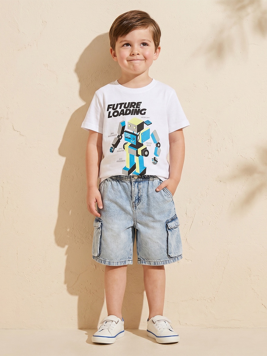 Crew Neck Short Sleeves T-Shirt with Robot Print