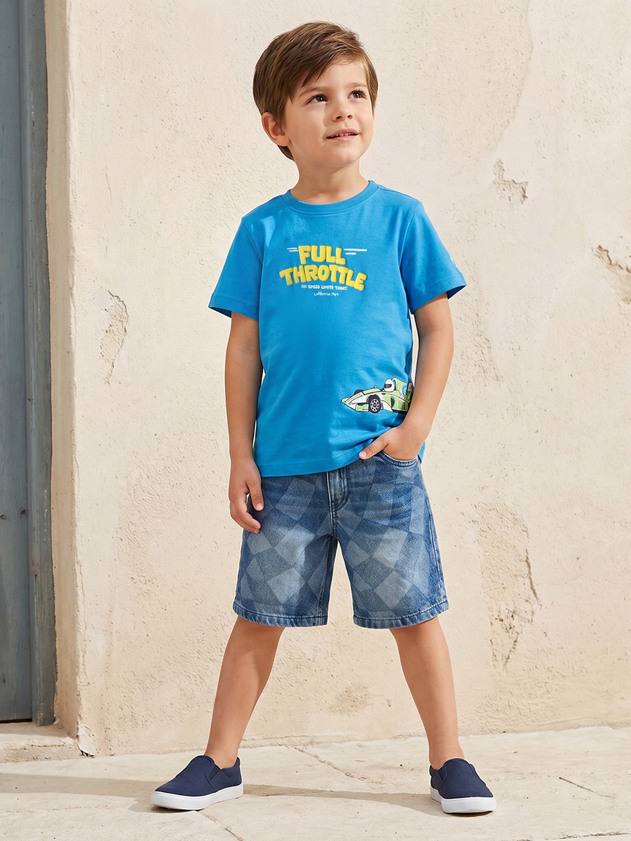Crew Neck Short Sleeves T-Shirt with Car Print
