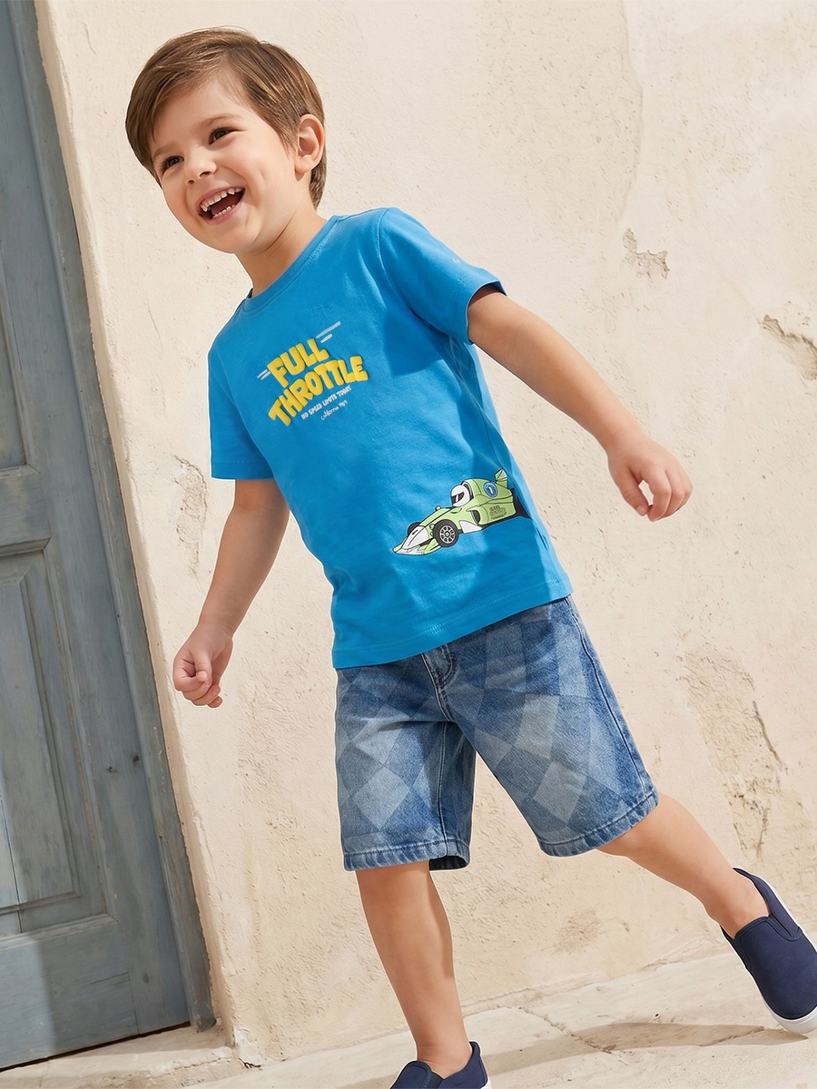 Crew Neck Short Sleeves T-Shirt with Car Print