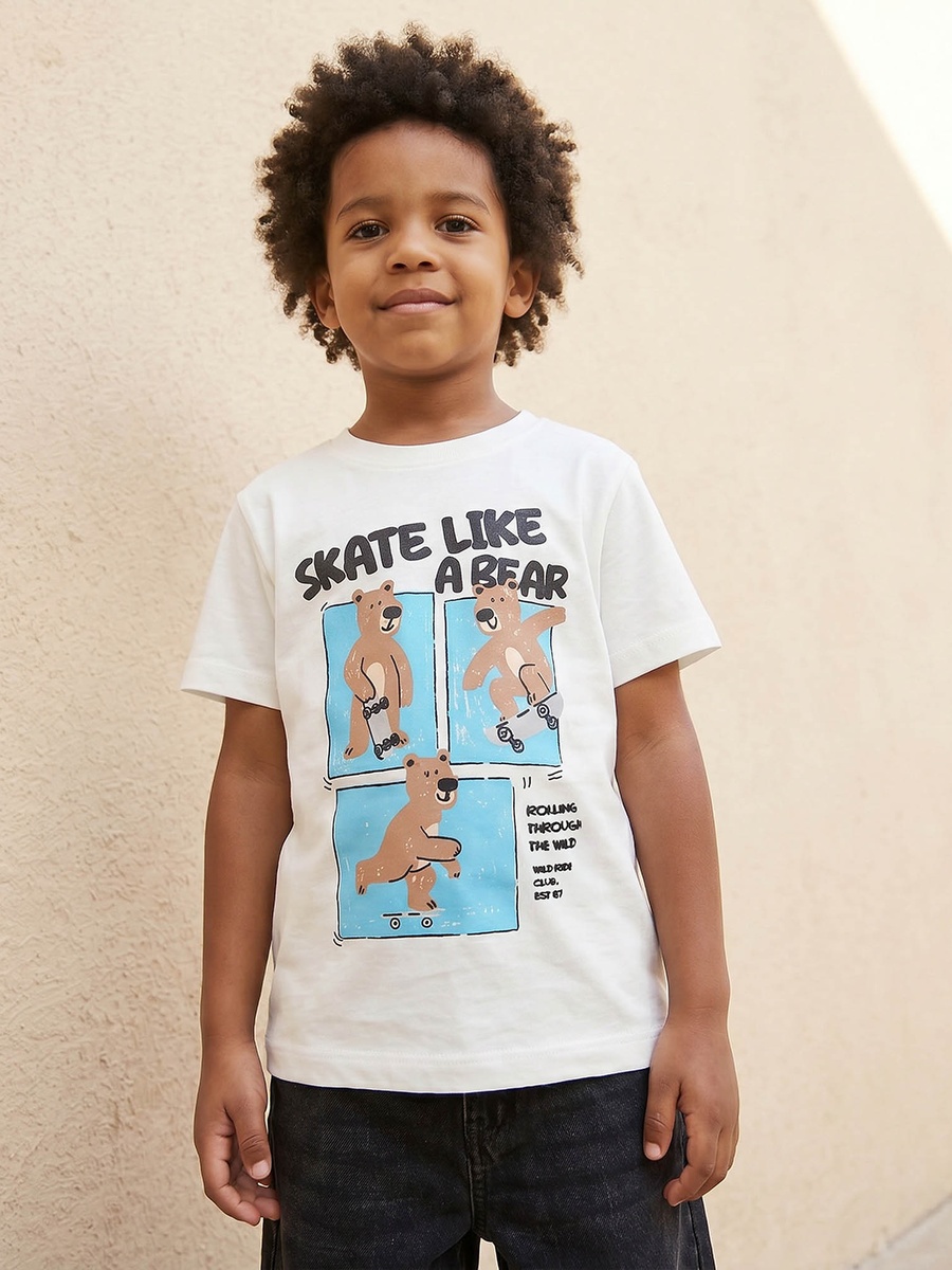 Crew Neck Short Sleeves T-Shirt with Bear Print