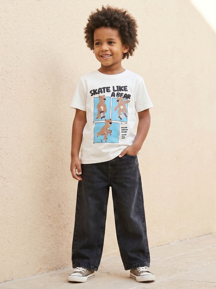 Crew Neck Short Sleeves T-Shirt with Bear Print