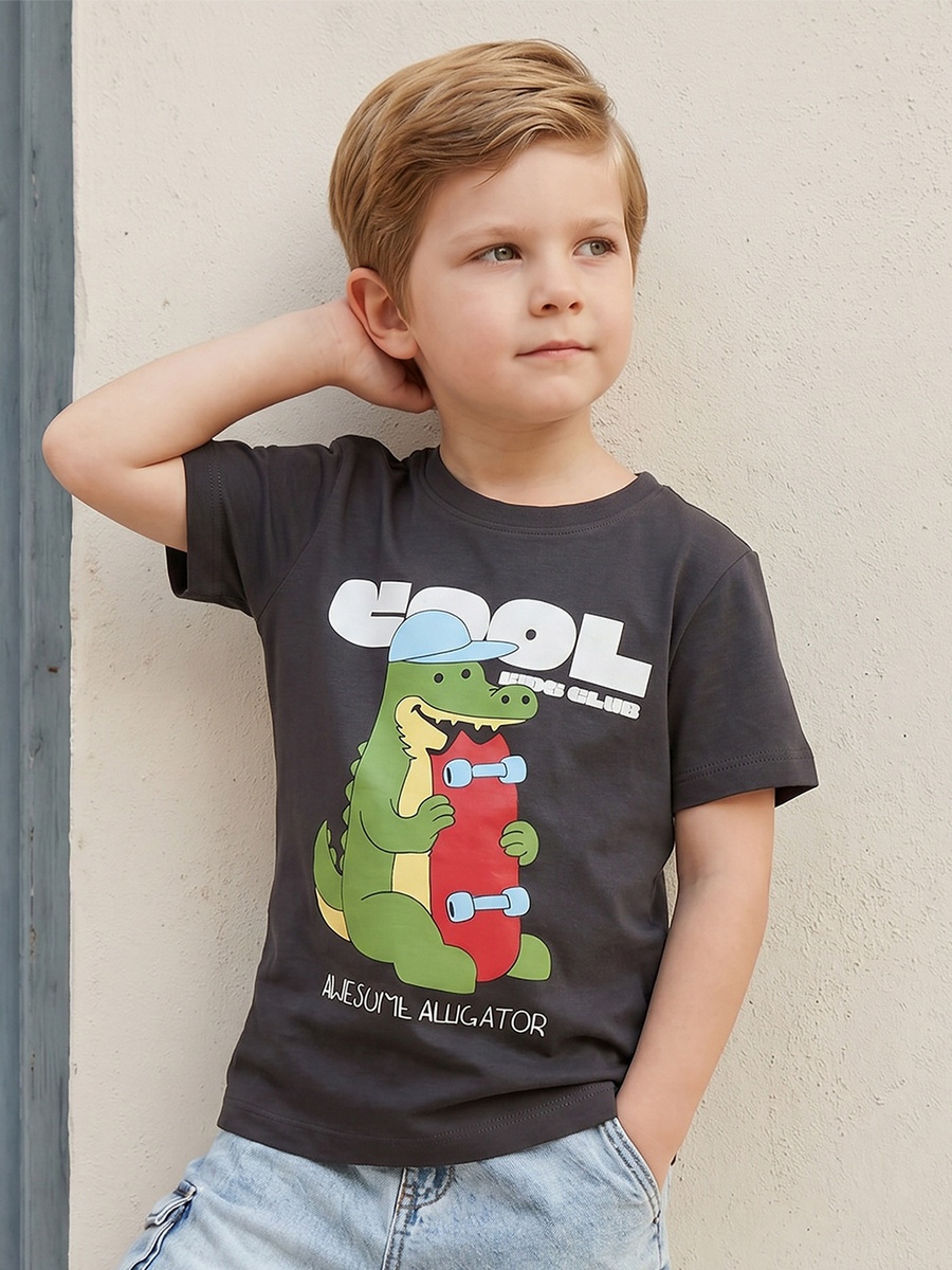 Crew Neck Short Sleeves T-Shirt with Alligator Print