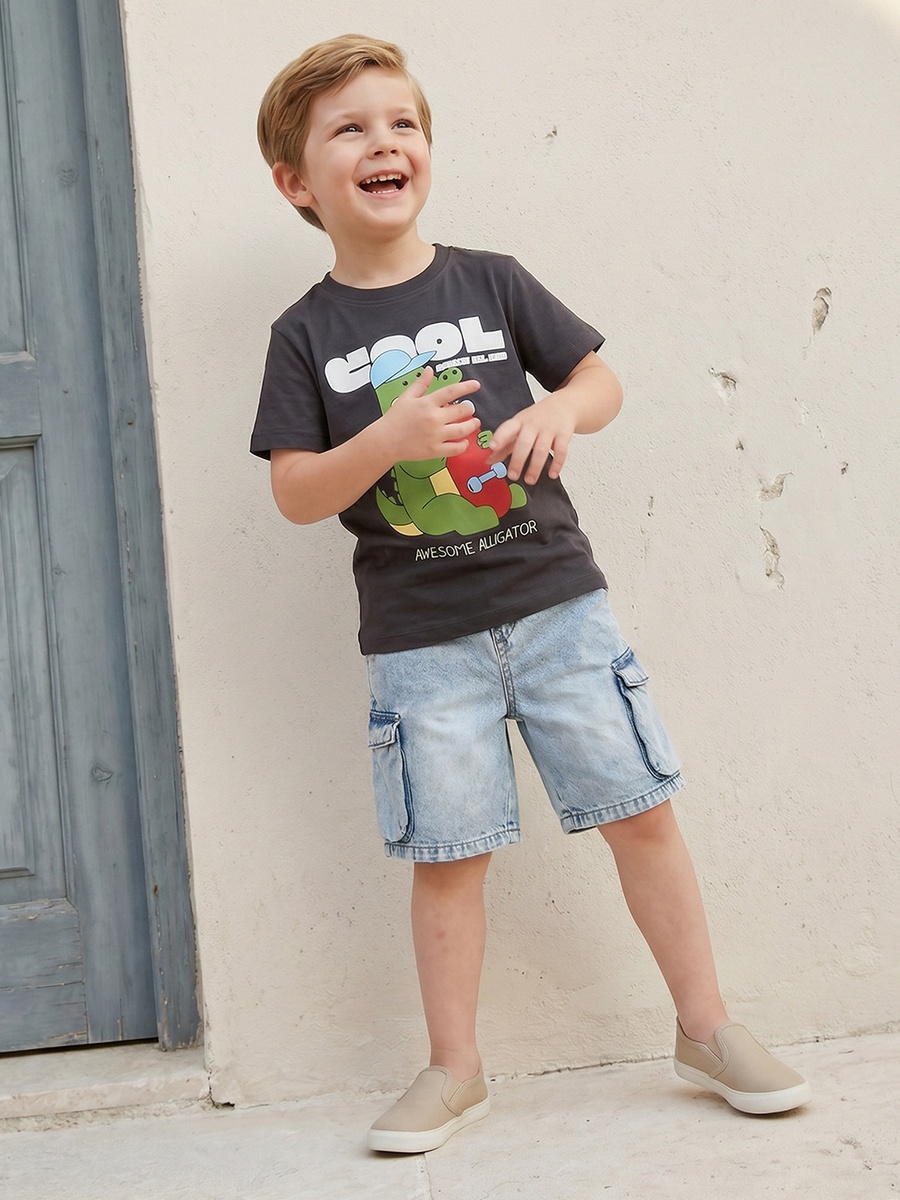 Crew Neck Short Sleeves T-Shirt with Alligator Print