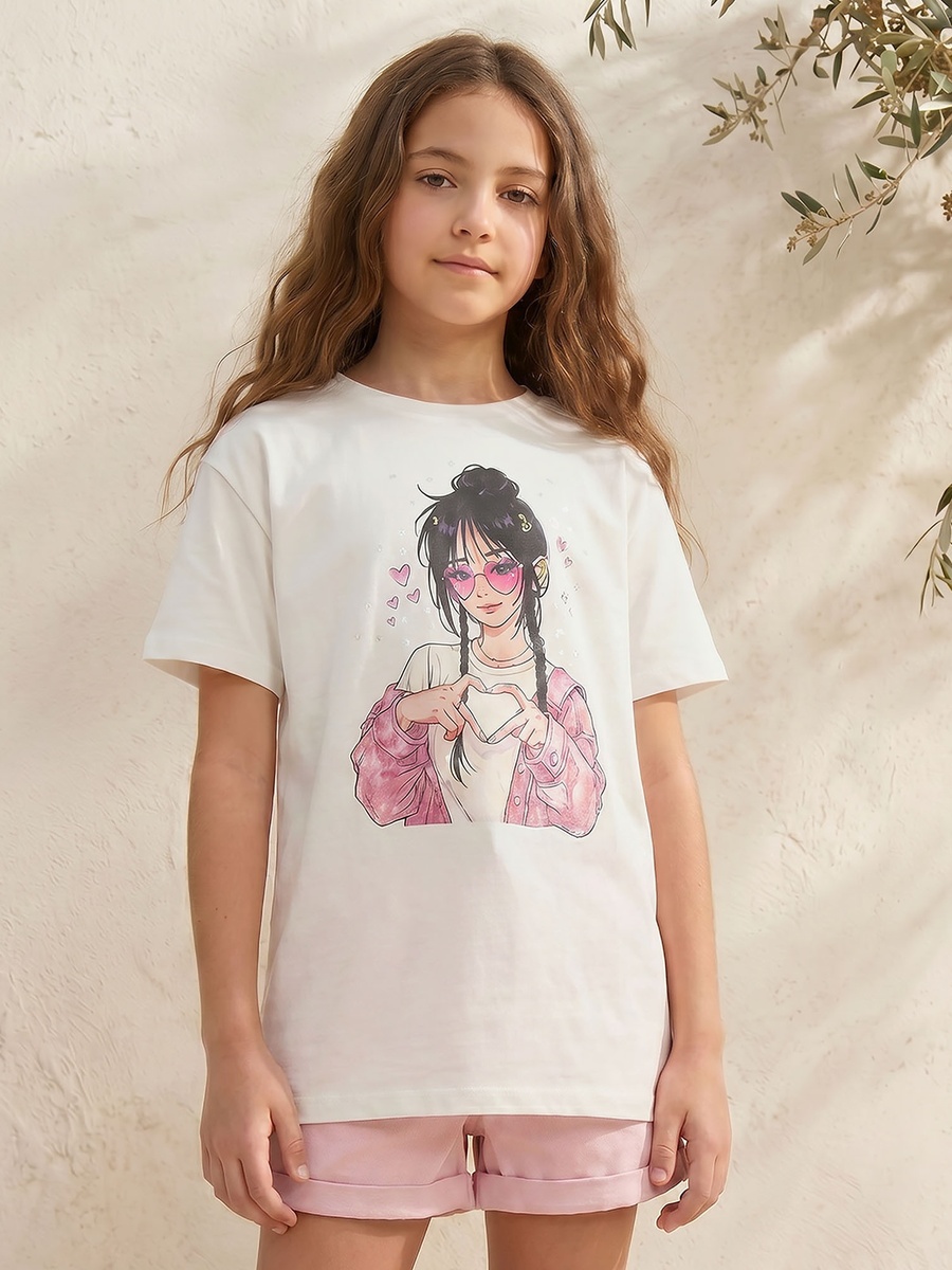 Crew Neck Short Sleeves T-Shirt with Anime Print