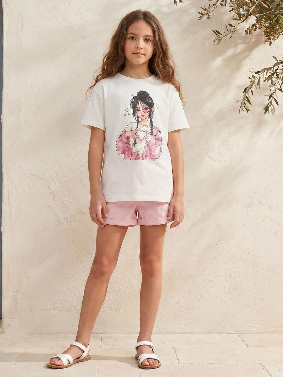 Crew Neck Short Sleeves T-Shirt with Anime Print