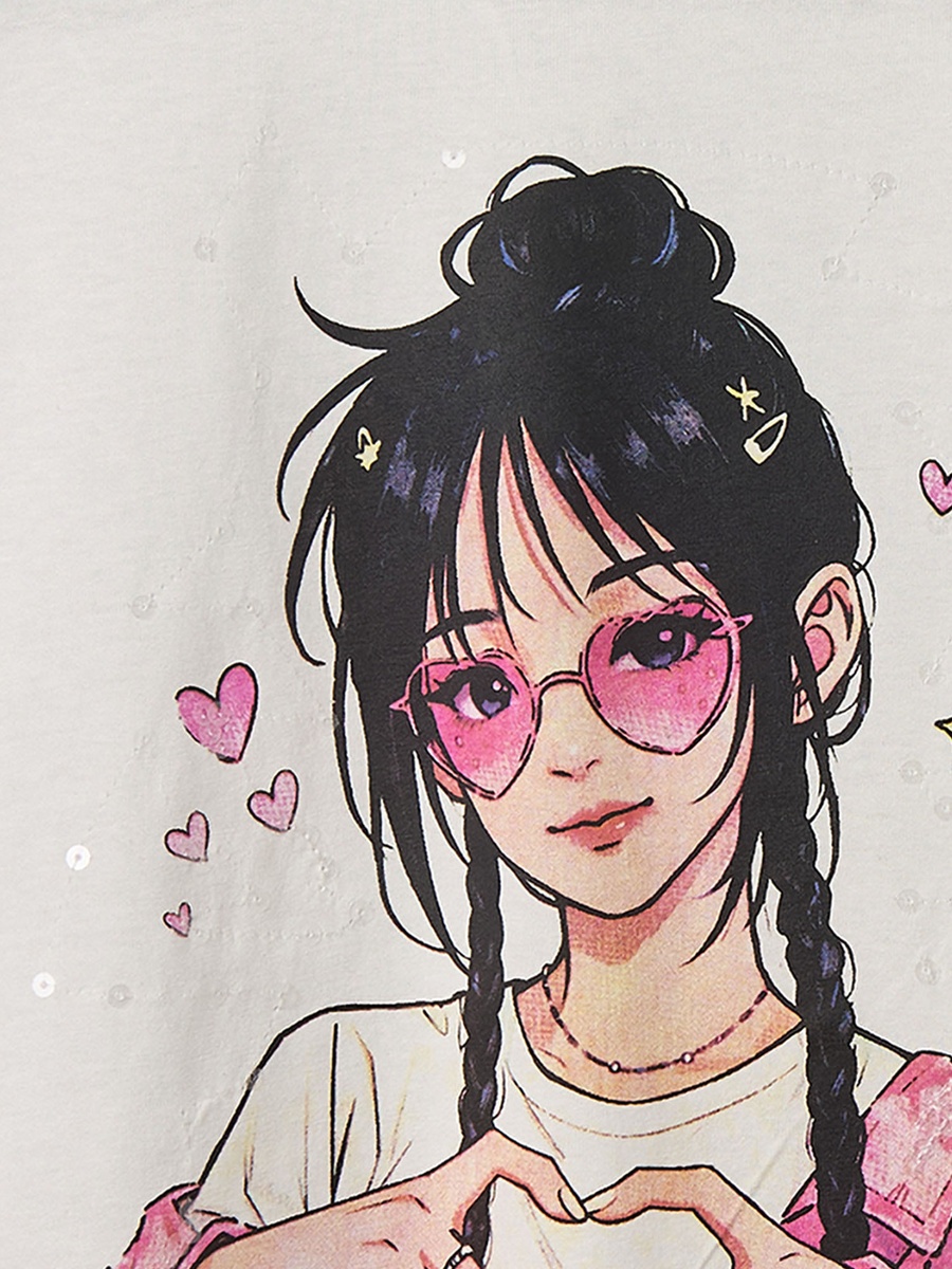 Crew Neck Short Sleeves T-Shirt with Anime Print