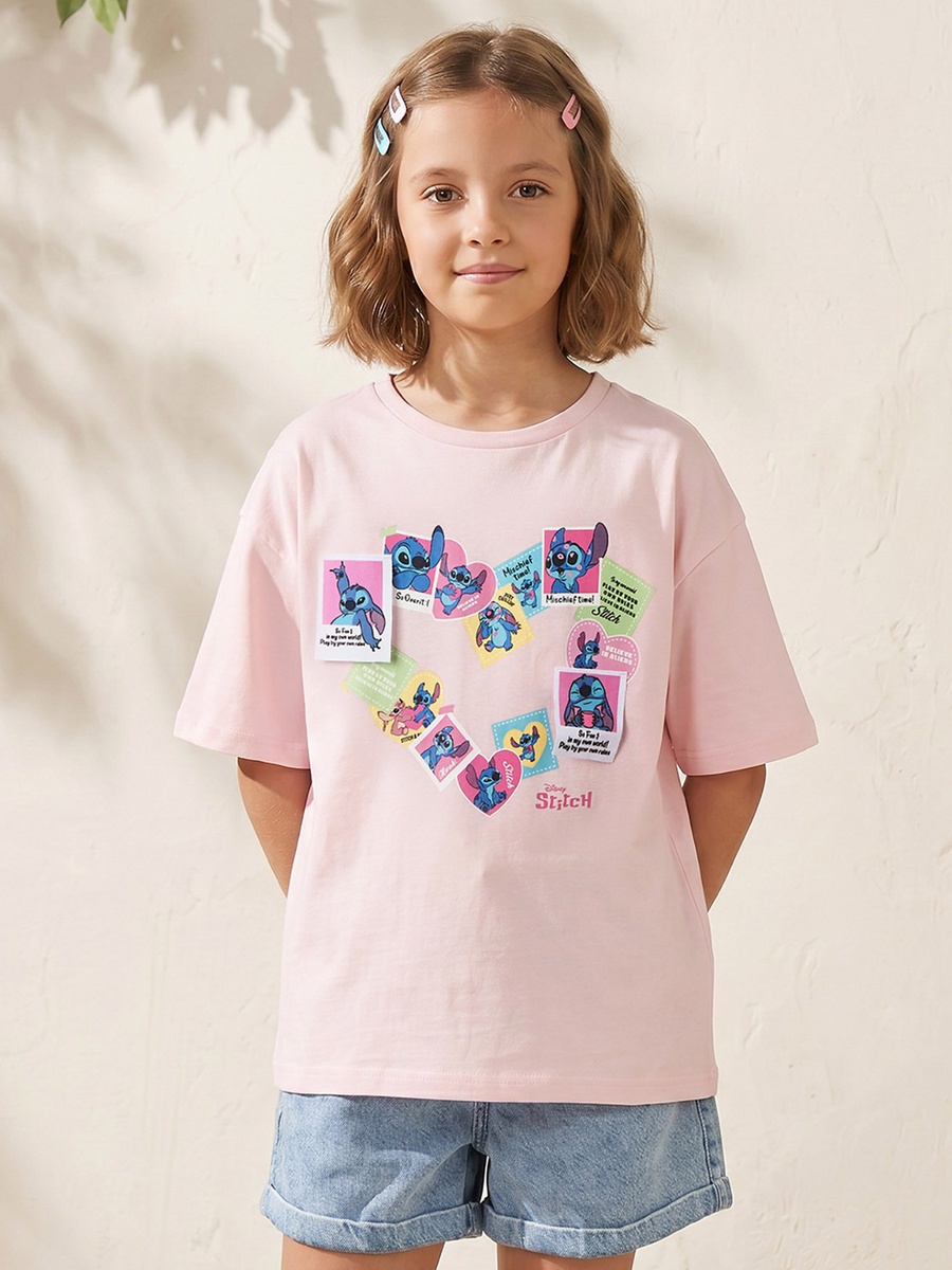 Crew Neck Short Sleeves T-Shirt with Stitch Print