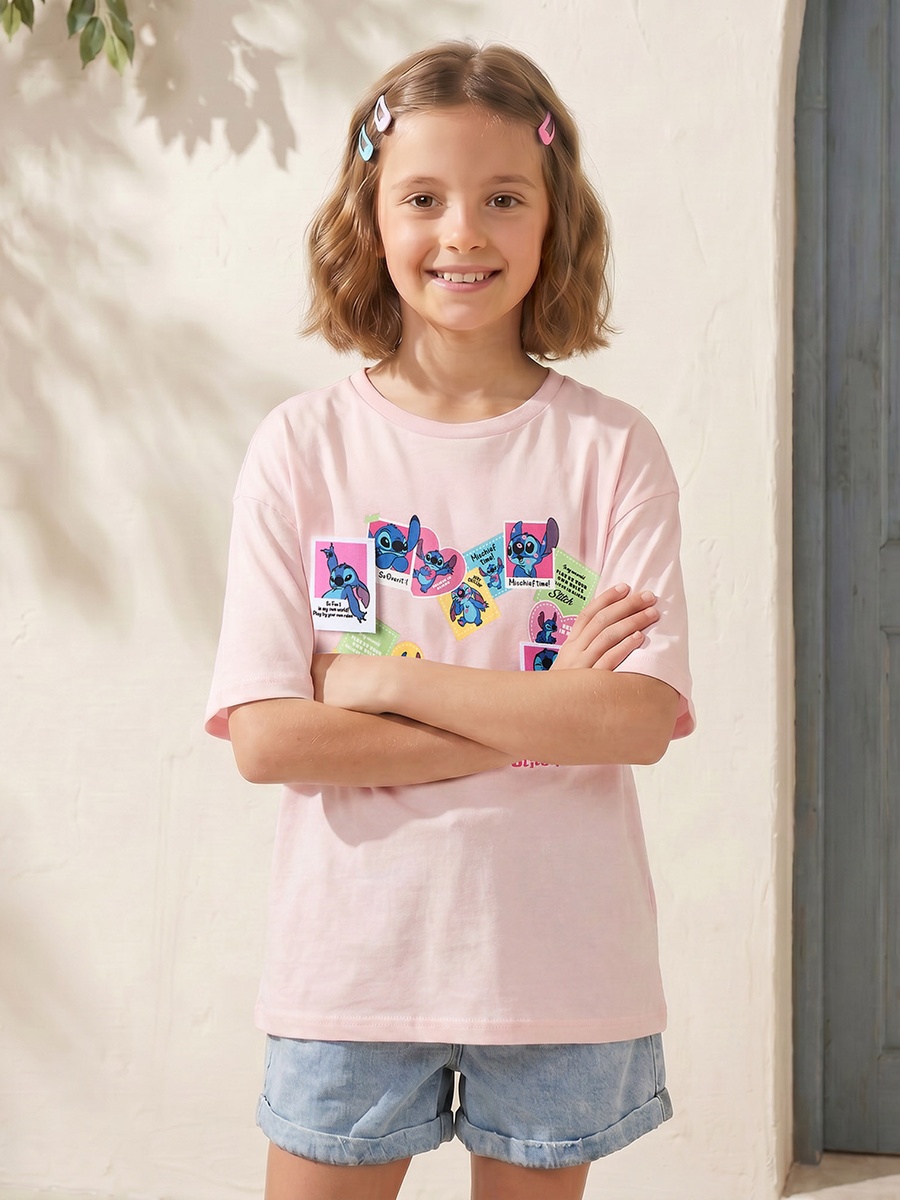 Crew Neck Short Sleeves T-Shirt with Stitch Print