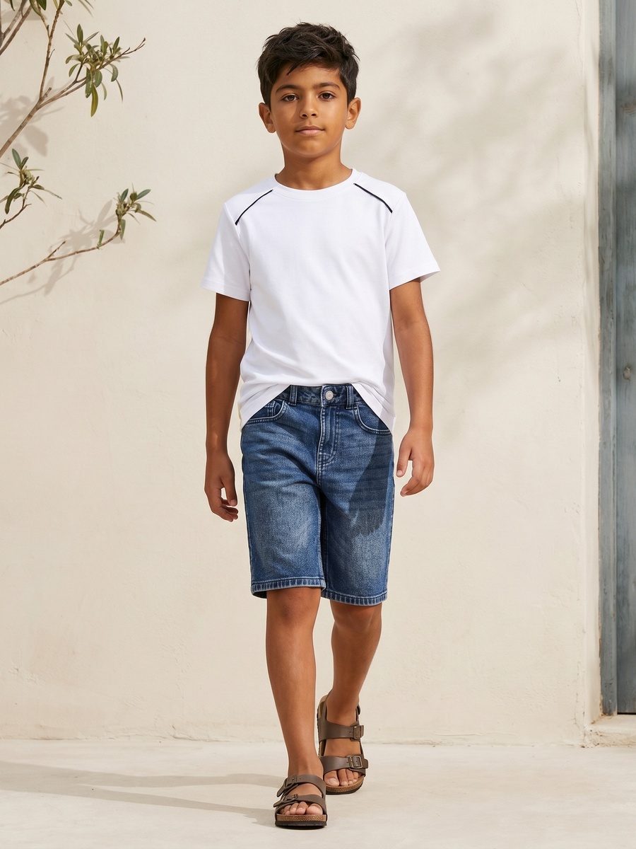Crew Neck Short Sleeves T-Shirt with Contrast Piping