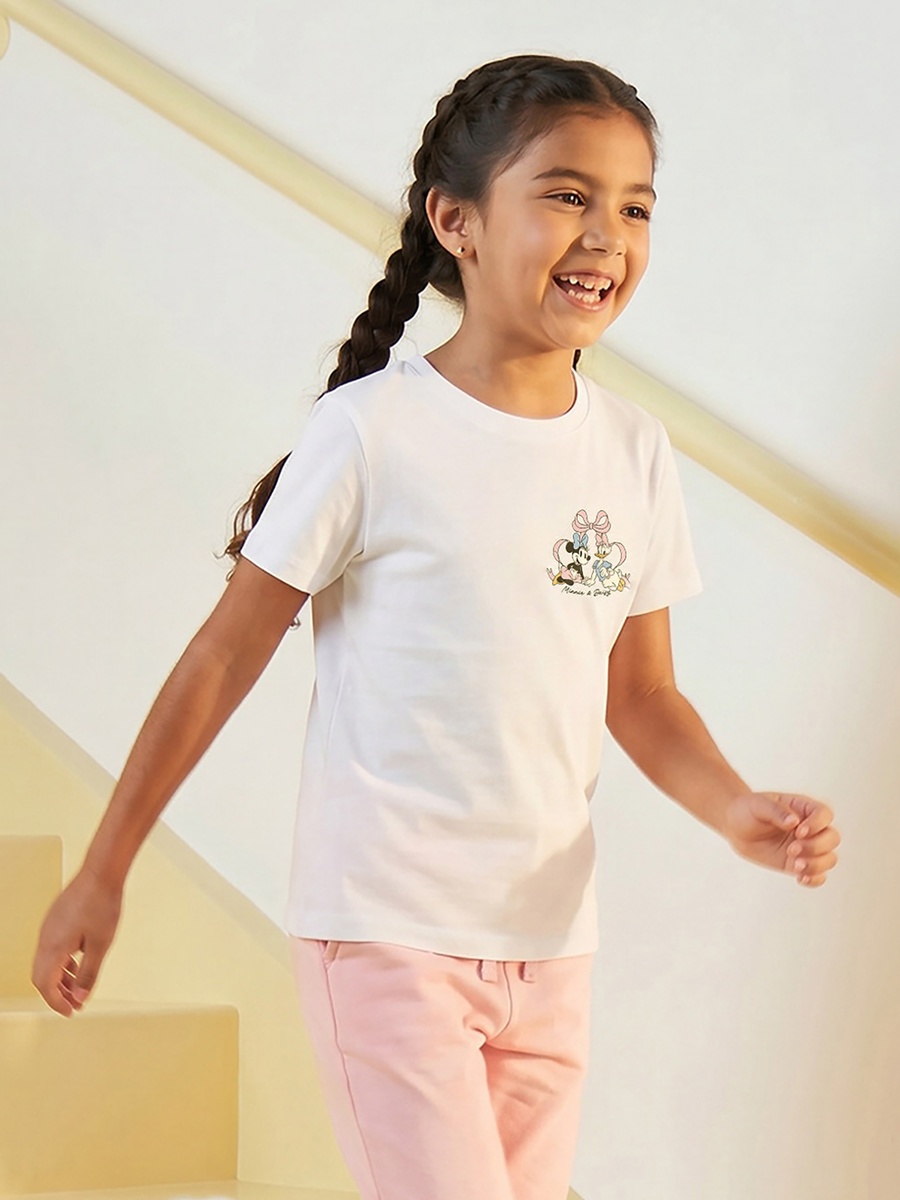 Crew Neck Short Sleeves T-Shirt with Minnie Mouse and Daisy Duck Print