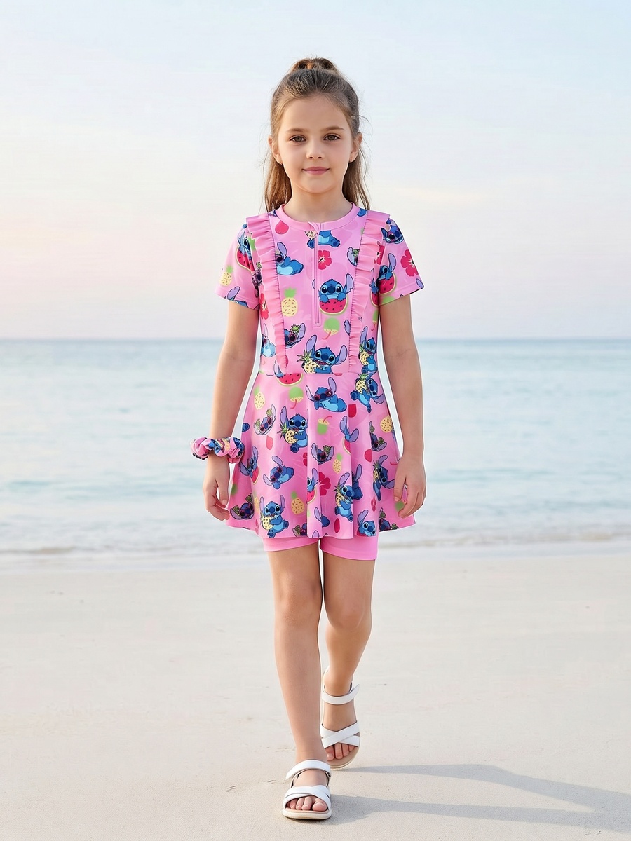 Set of 3 Girls Stitch Print Swim Dress with Shorts and Scrunchie