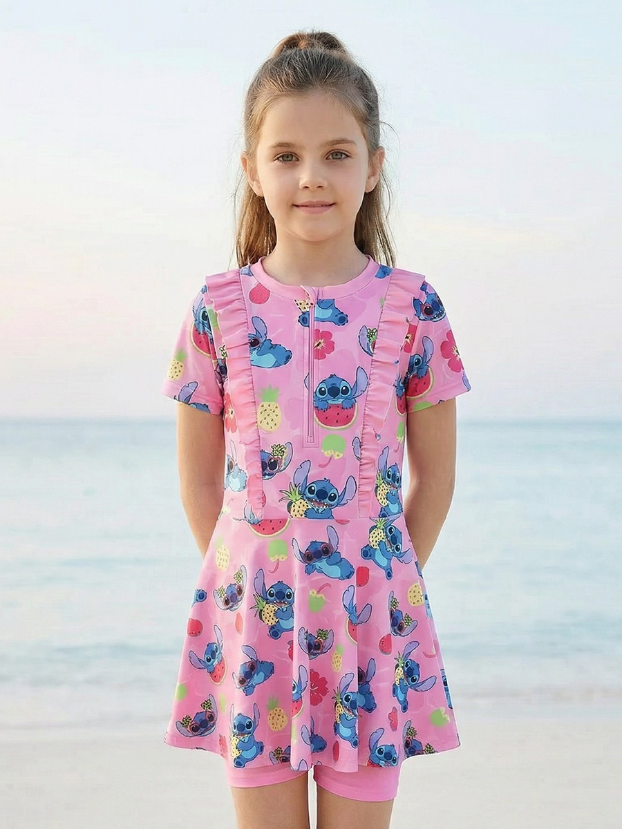 Set of 3 Girls Stitch Print Swim Dress with Shorts and Scrunchie