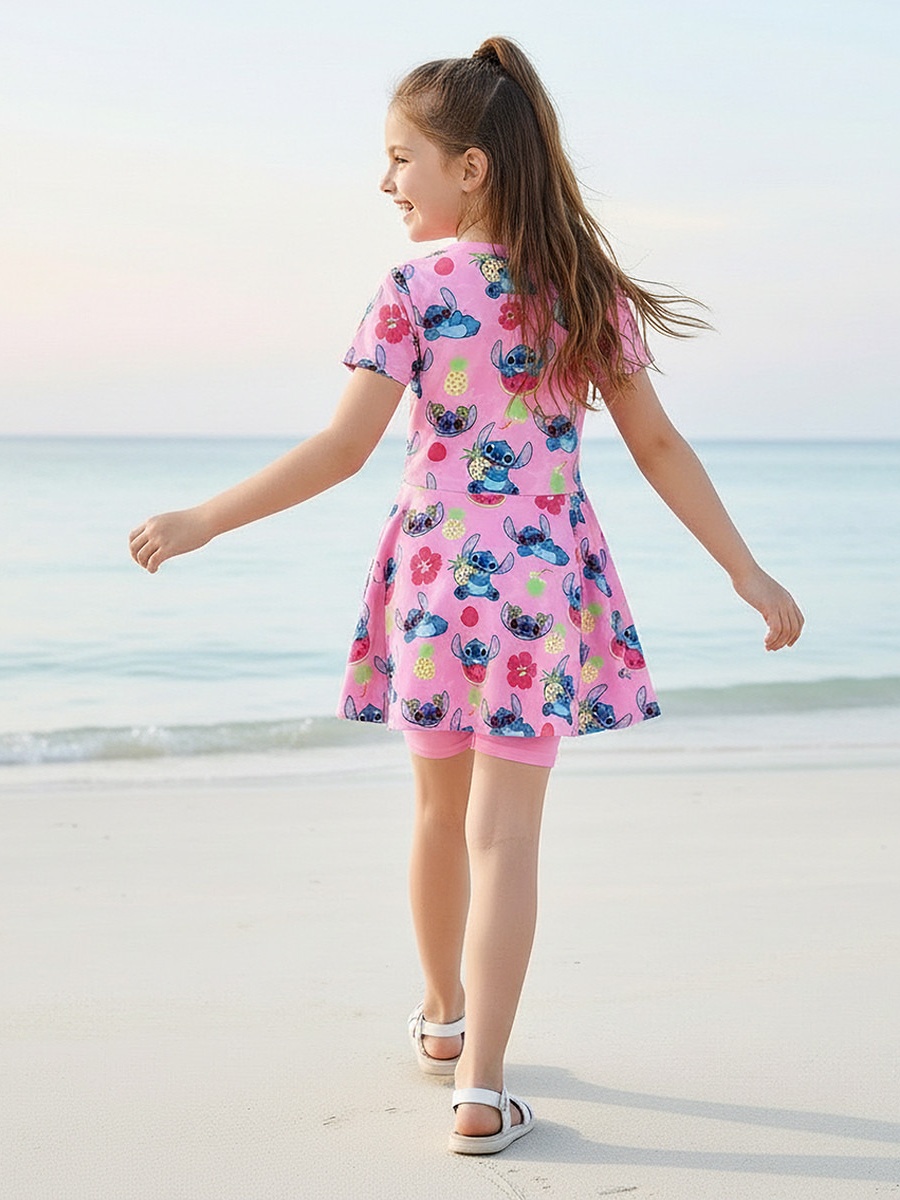 Set of 3 Girls Stitch Print Swim Dress with Shorts and Scrunchie