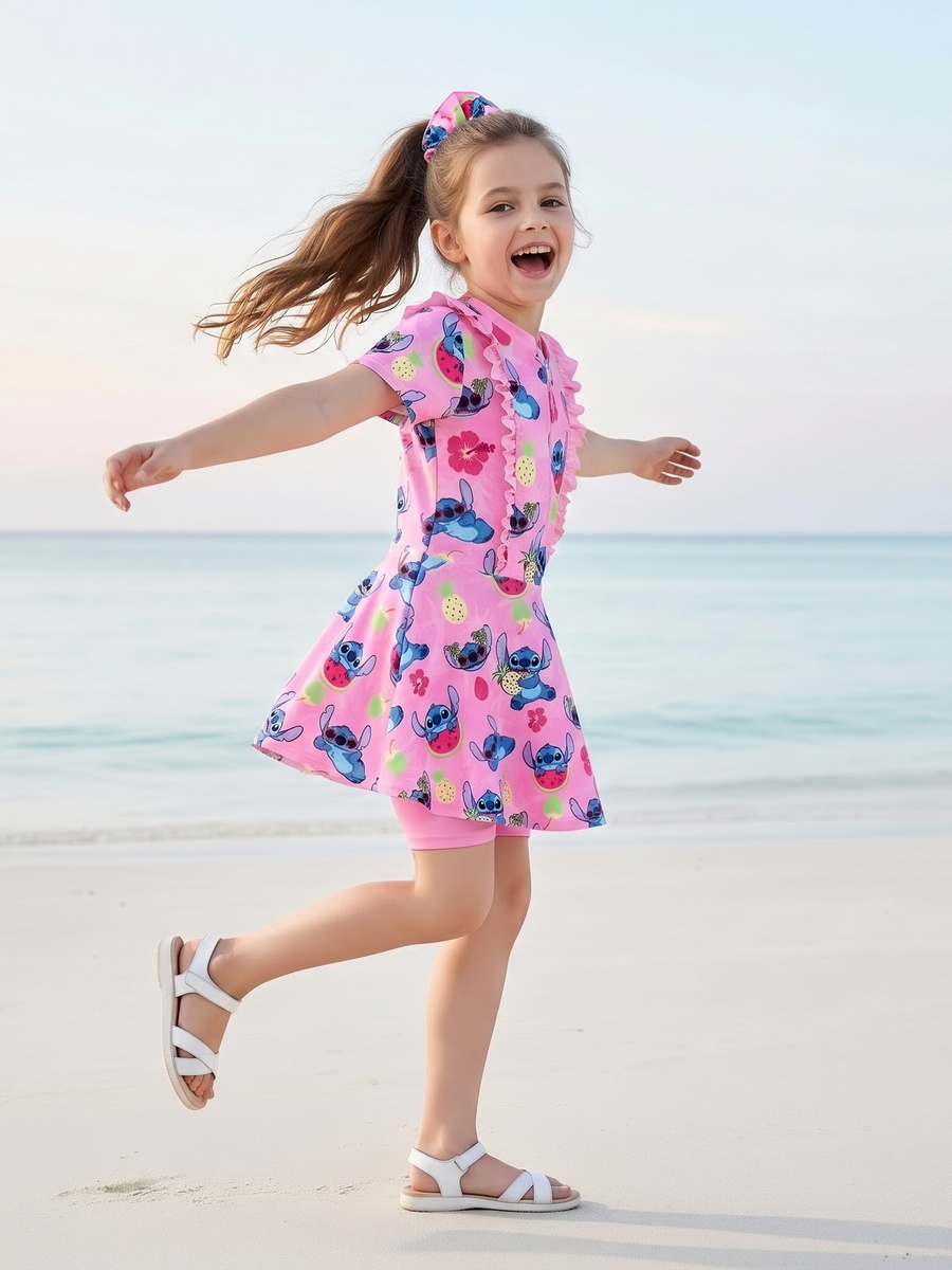 Set of 3 Girls Stitch Print Swim Dress with Shorts and Scrunchie