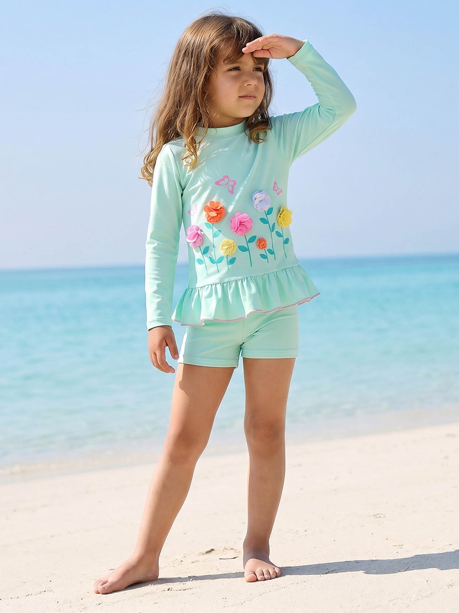 Crew Neck Short Sleeves Rash Guard Set with Floral Applique