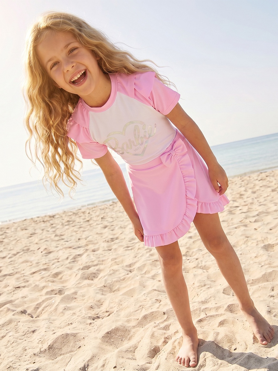Girls Barbie Print Swimsuit with Skirt