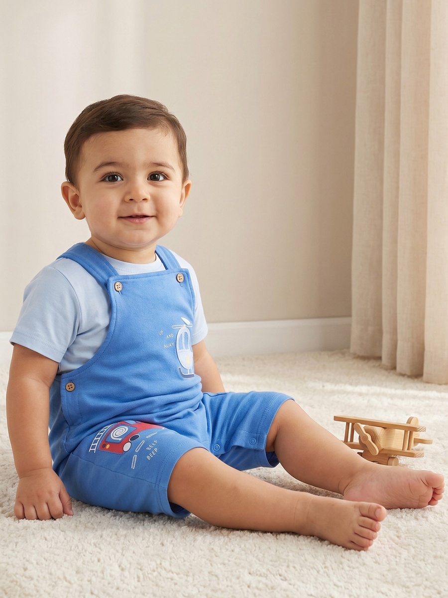 Crew Neck Short Sleeves T-Shirt and Dungaree Set with Vehicle Applique