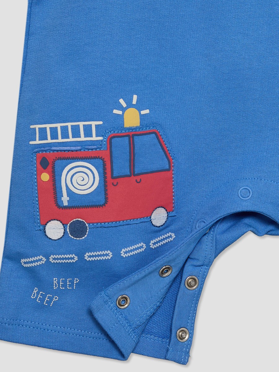 Crew Neck Short Sleeves T-Shirt and Dungaree Set with Vehicle Applique