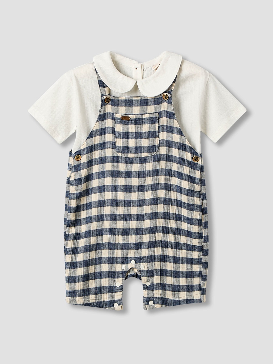 Collared Short Sleeve Top and Dungaree Set with Button Closure