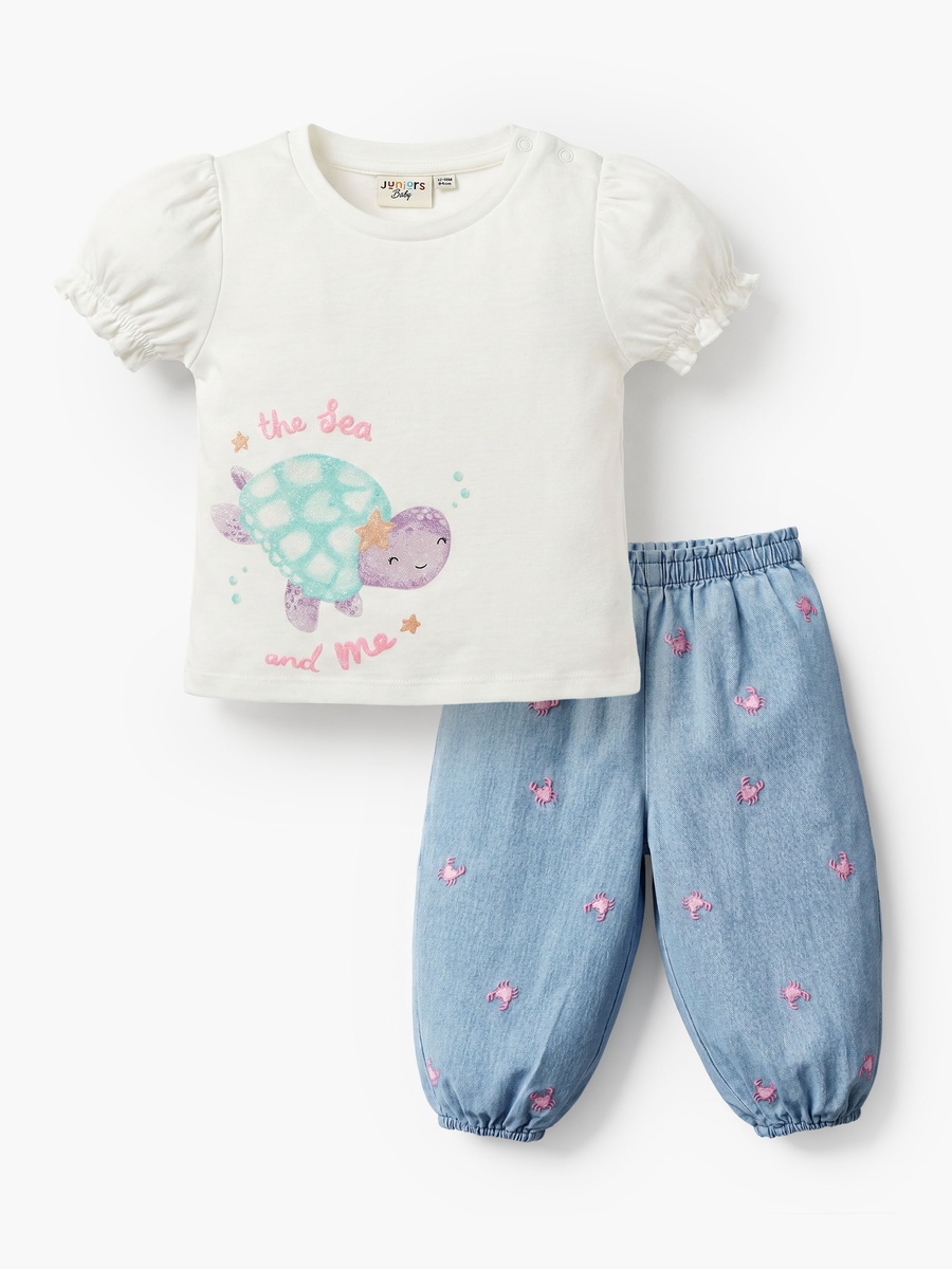 Crew Neck Short Sleeves Top and Denim Joggers Set with Turtle Print