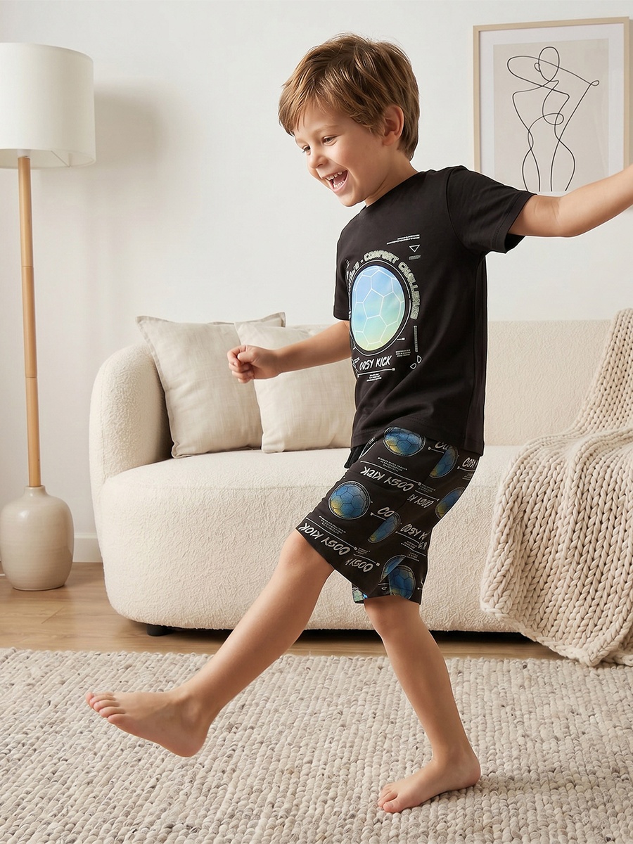 Cotton Crew Neck Short Sleeves Shorts Set with Football Print