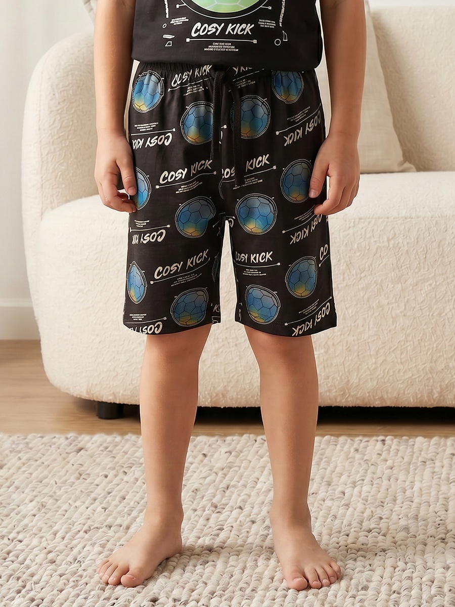 Cotton Crew Neck Short Sleeves Shorts Set with Football Print