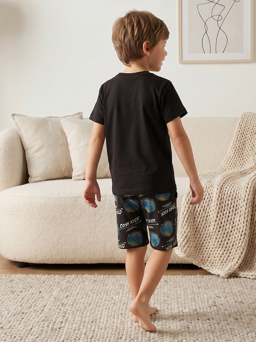 Cotton Crew Neck Short Sleeves Shorts Set with Football Print