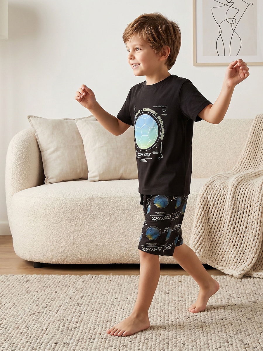 Cotton Crew Neck Short Sleeves Shorts Set with Football Print