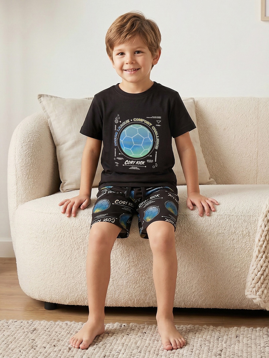 Cotton Crew Neck Short Sleeves Shorts Set with Football Print