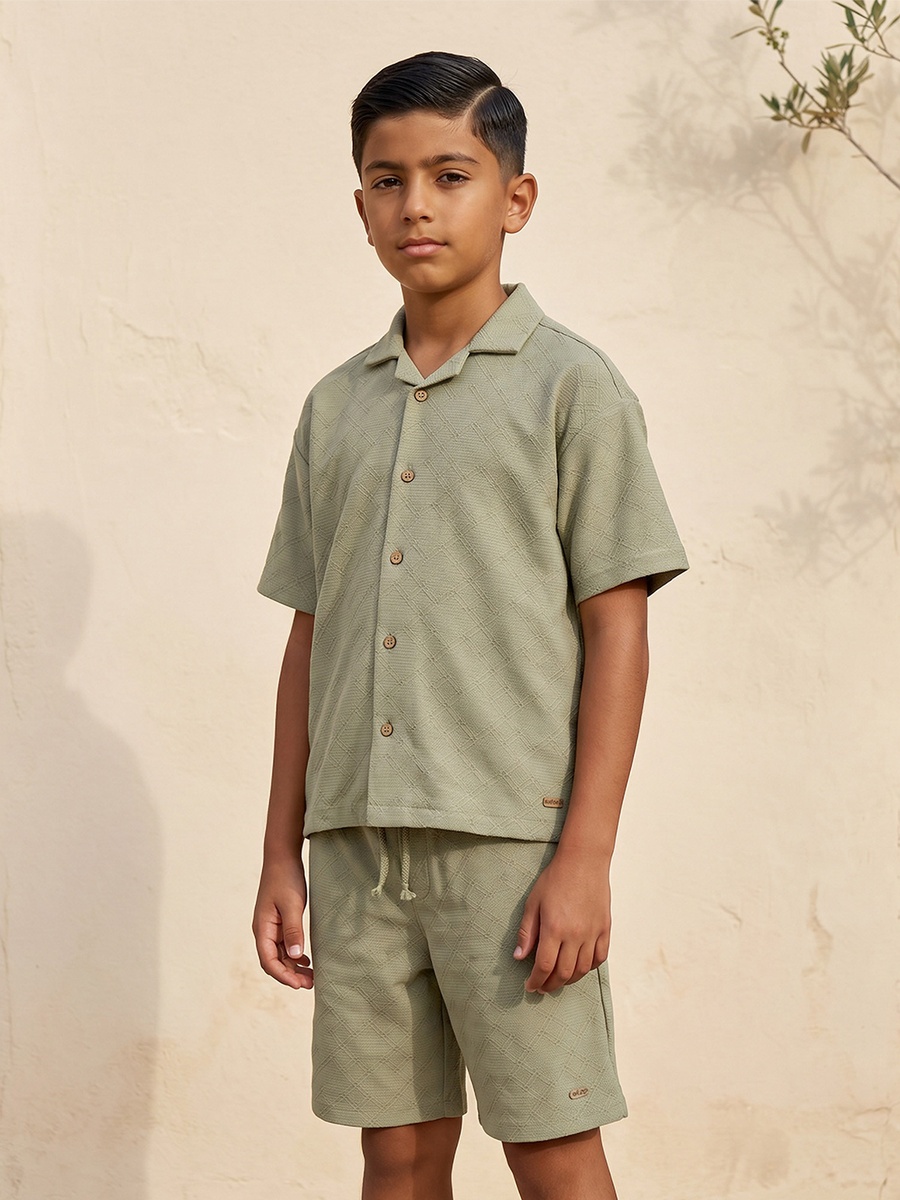 Collared Short Sleeves Shirt and Shorts Set with Textured Design