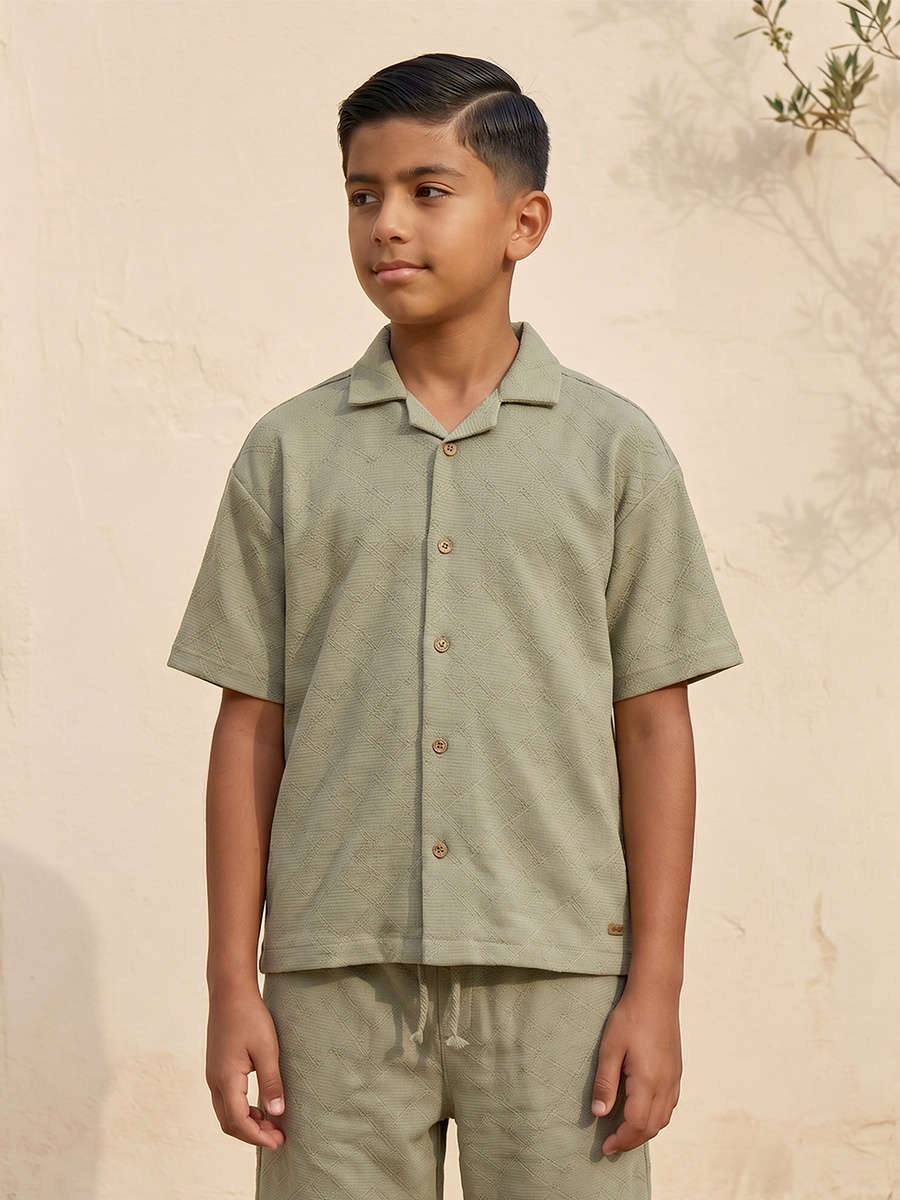 Collared Short Sleeves Shirt and Shorts Set with Textured Design