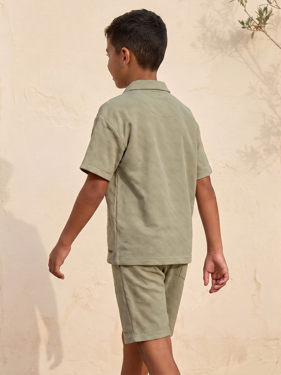 Collared Short Sleeves Shirt and Shorts Set with Textured Design