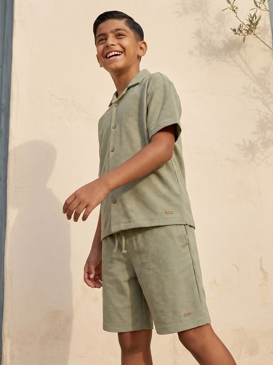 Collared Short Sleeves Shirt and Shorts Set with Textured Design