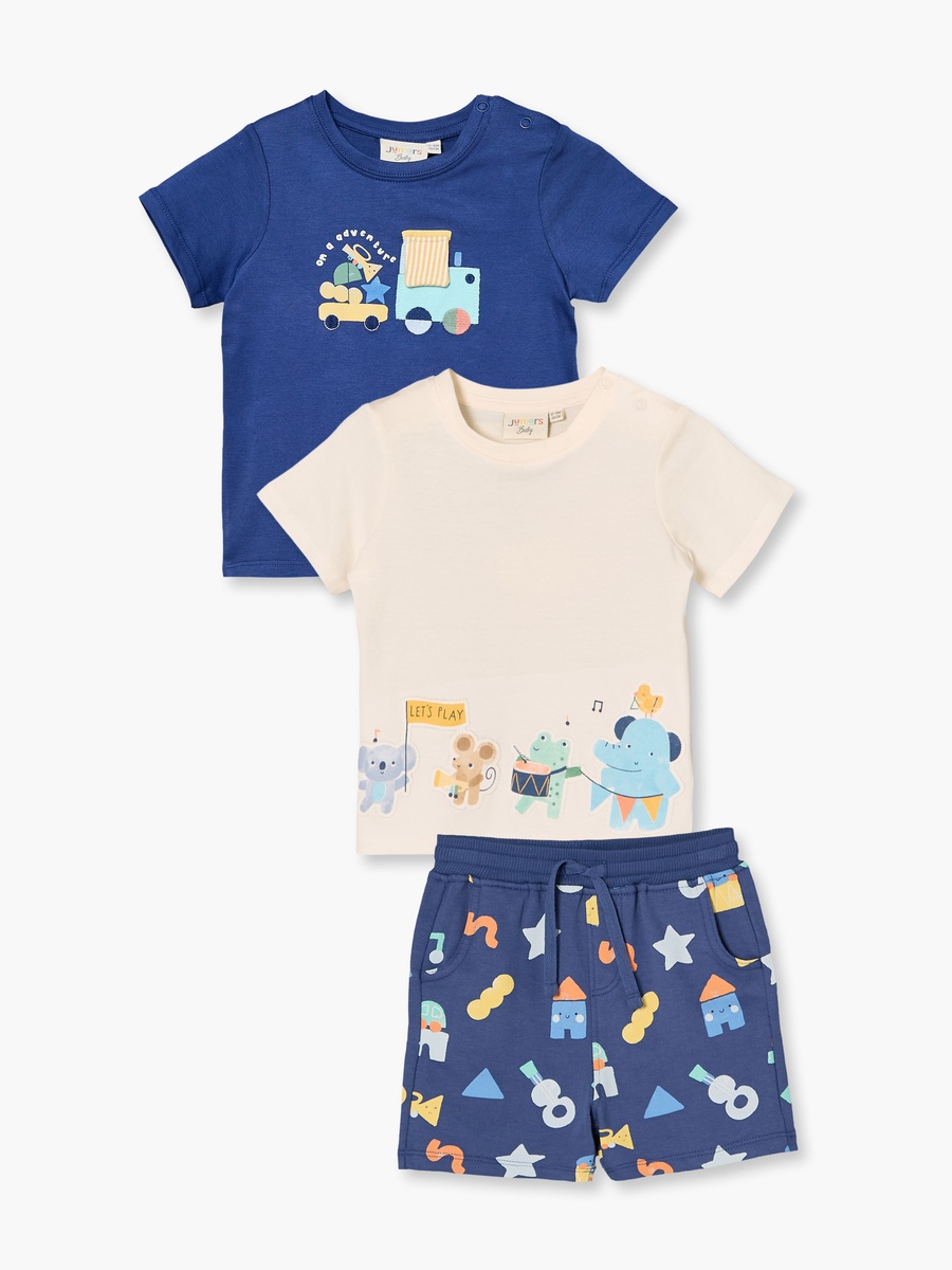 Set of 3 Crew Neck Short Sleeves T-Shirt and Shorts Set with Music Print