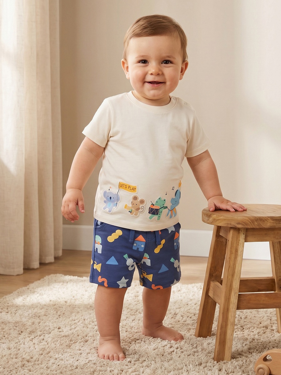 Set of 3 Crew Neck Short Sleeves T-Shirt and Shorts Set with Music Print