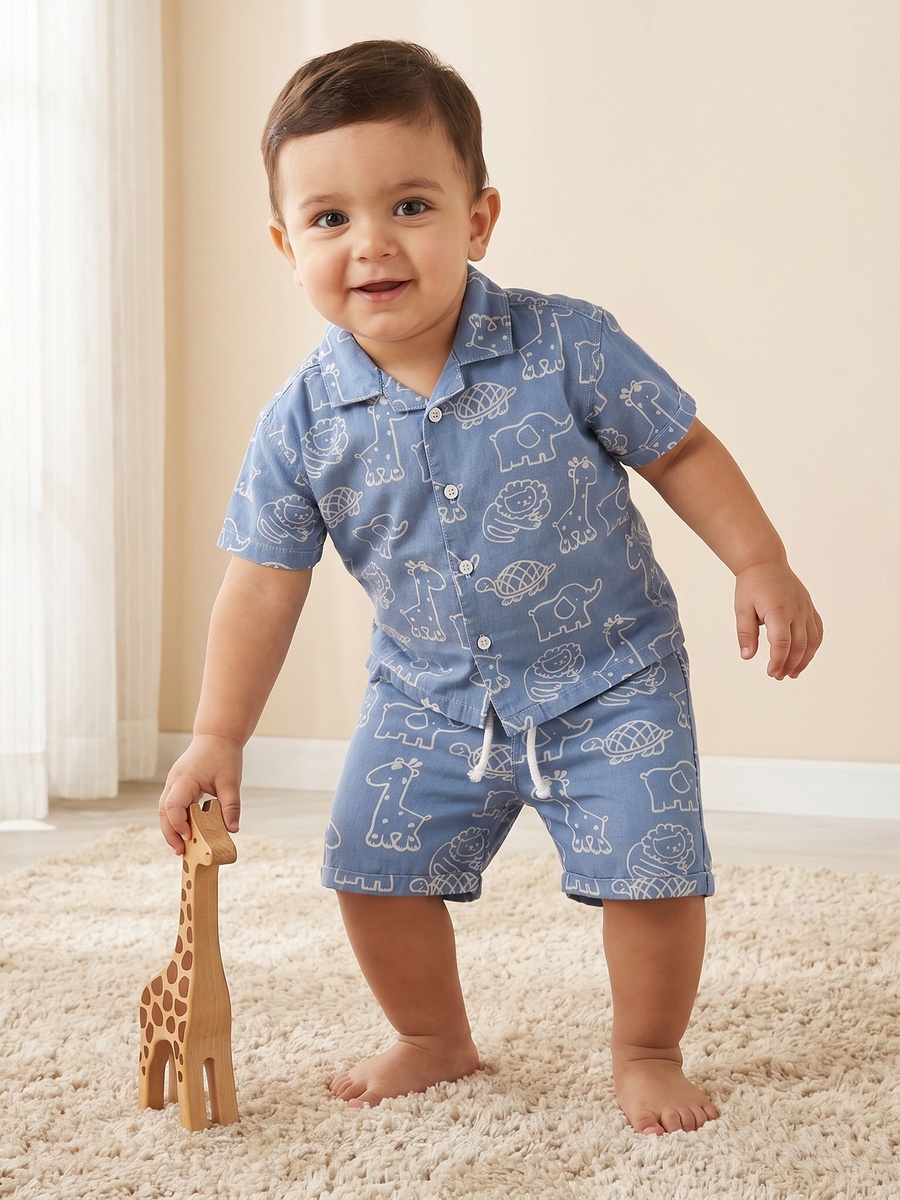 Giggles Collared Short Sleeves Shirt and Shorts Set with Safari Print