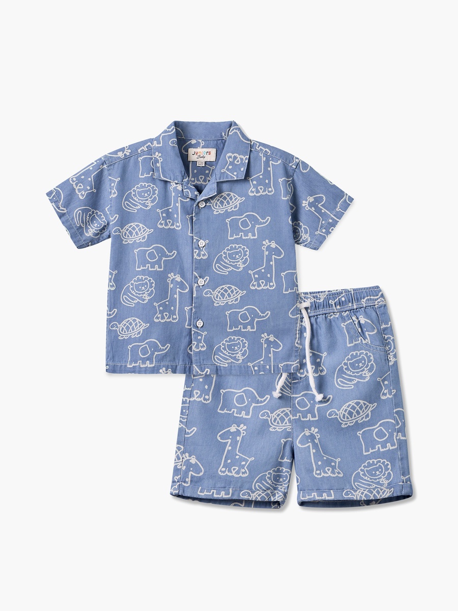 Giggles Collared Short Sleeves Shirt and Shorts Set with Safari Print