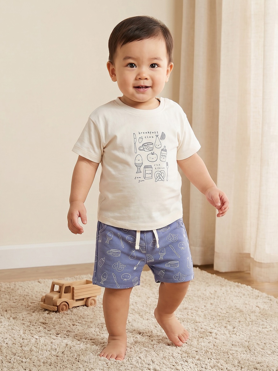 Crew Neck Short Sleeves T-Shirt and Shorts Set with Drawstring Closure