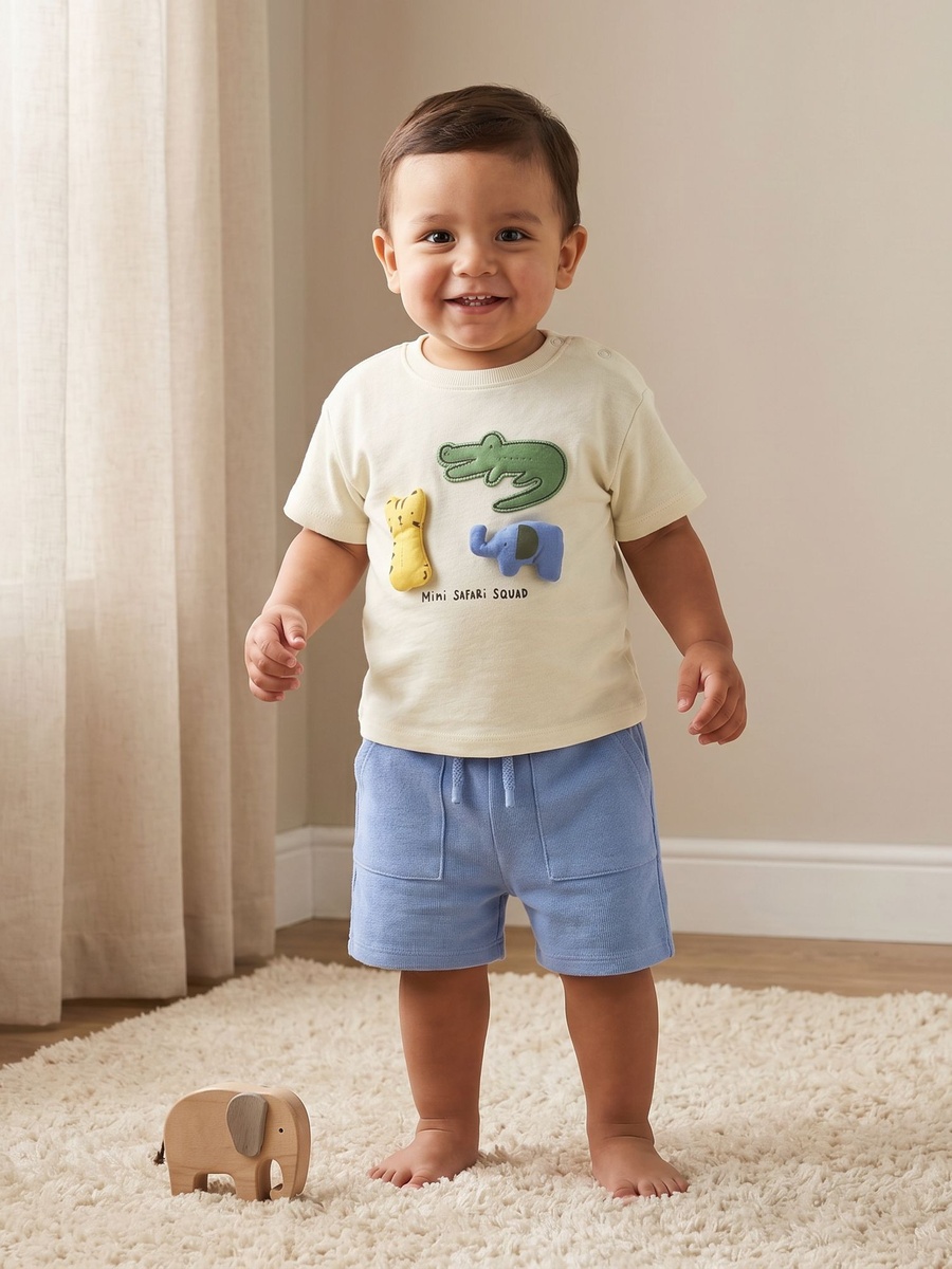 Crew Neck Short Sleeves T-Shirt and Shorts Set with Safari Applique