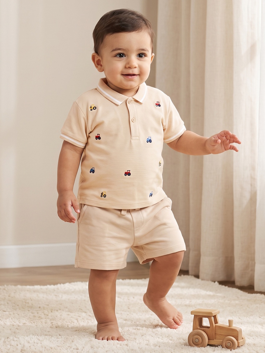 Collared Short Sleeves Polo T-Shirt and Shorts Set with Tractor Embroidery